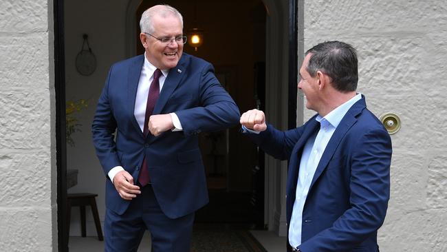 Australian Prime Minister Scott Morrison meets with Northern Territory Chief Minister Michael Gunner at Kirribilli House in Sydney on Friday, October 16, 2020. Picture: Dan Himbrechts via NCA NewsWire