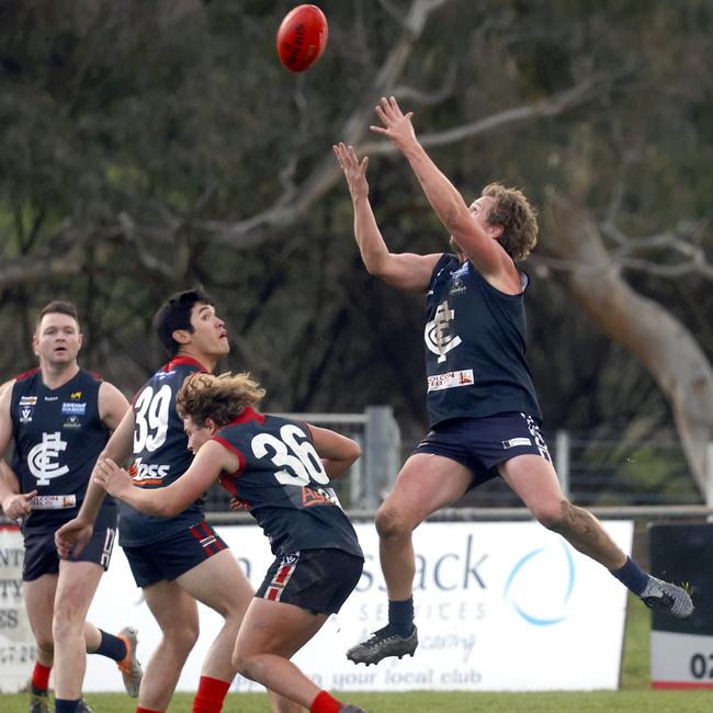 Full-forward Adam Prior flies for a mark playing for Cudgewa in the Upper Murray league. Picture: Corryong Courier