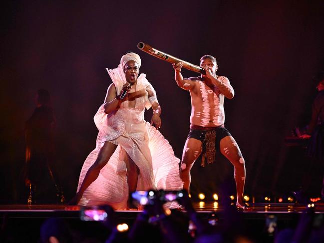 Electric Fields perform on stage during the first semi-final in Malmo, Sweden. Picture: AFP