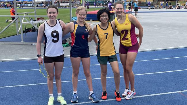 History makers - Phoebe Finlay (St Aidan’s), Holly Warn (St Hilda's), Charisse Sham (Clayfield) and Abby Craswell (MBC) were QGSSSA's first 100m multi class athletes.