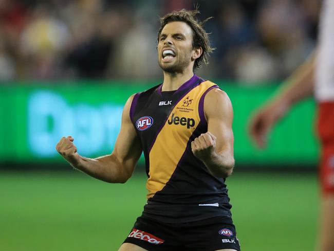 Sam Lloyd celebrates kicking the winning goal. Picture: Wayne Ludbey