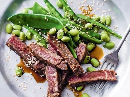 Soy and sesame beef with greens.