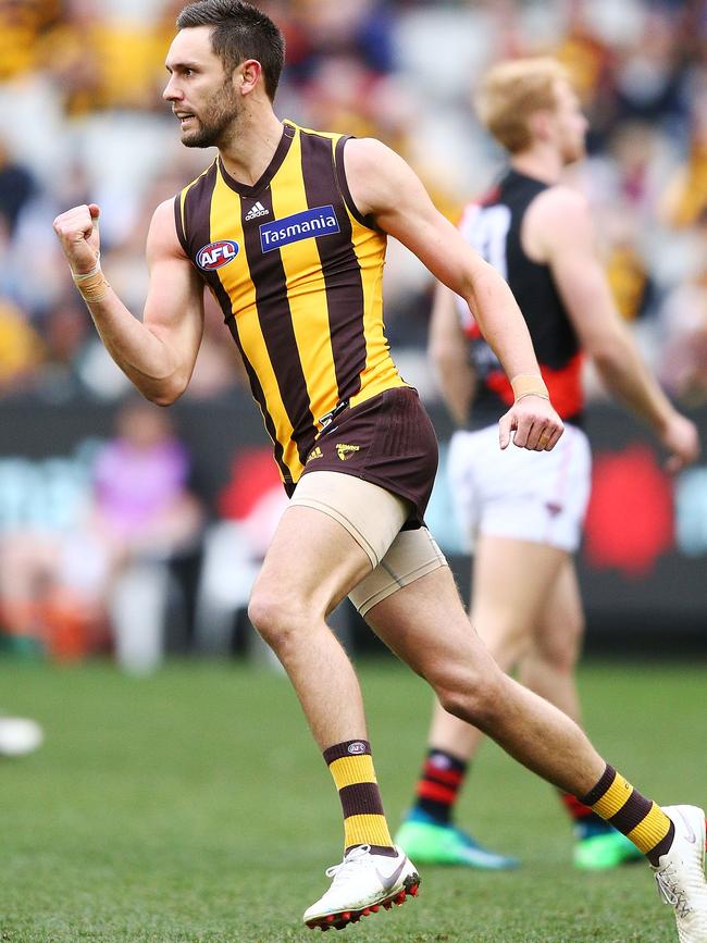 Hawthorn’s Jack Gunston celebrates a goal against the Essendon Bombers at the MCG in Melbourne. Picture: Michael Dodge/Getty