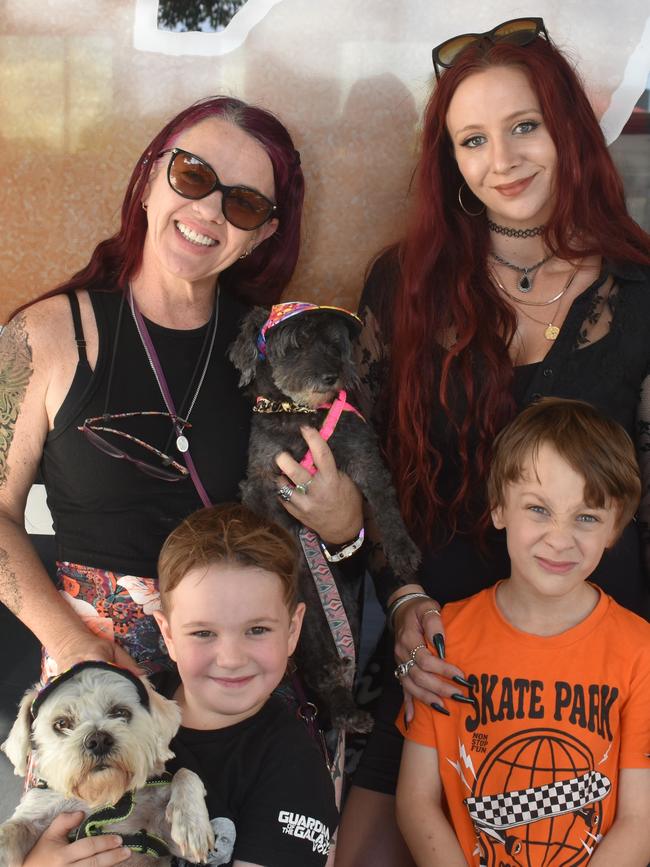 Ipswich 2023 Dog Day at Nicholas Street Precinct pictured is Trudy Bingham, Jeremiah Bingham, Kirstin Harris and Zion Healey with their dogs