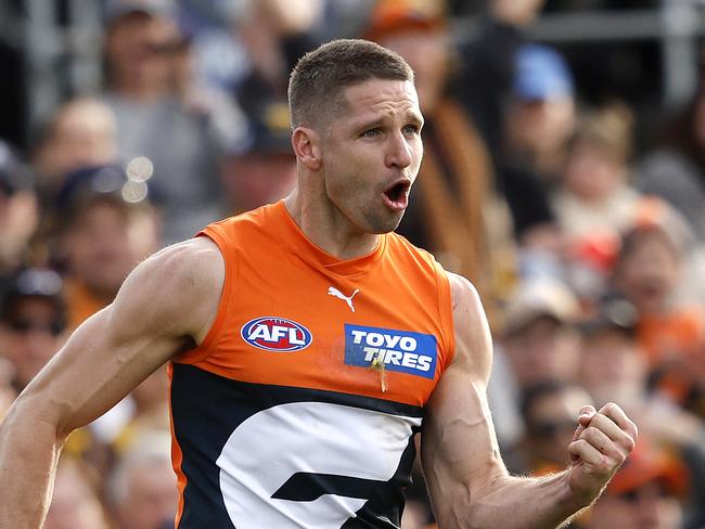 Giants Jesse Hogan celebrates kicking a goal  during the AFL Round 21 match between the GWS Giants and Hawthorn Hawks at Manuka Oval, Canberra on August 4, 2024. Photo by Phil Hillyard(Image Supplied for Editorial Use only - **NO ON SALES** - Â©Phil Hillyard )