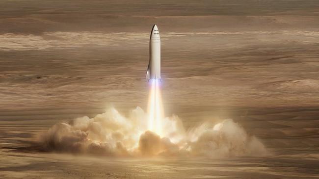 This artist's rendering made available by Elon Musk shows SpaceX's new mega-rocket design on Mars. Picture: SpaceX via AP