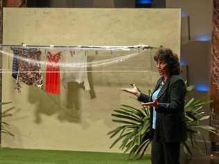 WATER TEST: Liana Wynne on  Shark Tank  where she sought an investor for the Clothesline Brolly. (INSET) Investor Andrew Banks tests out Liana's product.