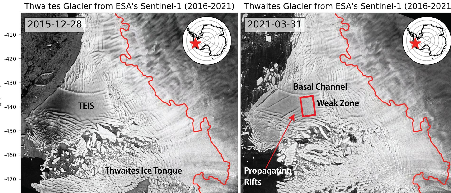 Image showing Thwaites Eastern Ice Shelf (TEIS) and areas of growing cracks. Source: AGU