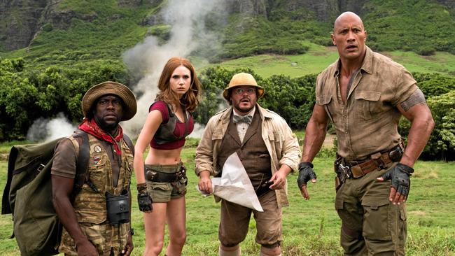 Kevin Hart, Karen Gillan, Jack Black and Dwayne Johnson in Jumanji: Welcome to the Jungle.