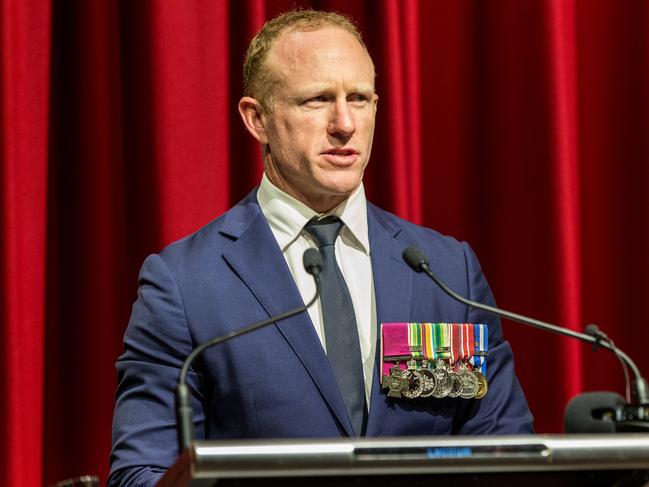 Corporal Mark Donaldson, VC, at an award ceremony for Australian Army special operations military working dog 'Kuga', at the Australian War Memorial, Canberra.  *** Local Caption *** Australian Army special operations military working dog 'Kuga' from the Special Air Service Regiment was posthumously awarded the Dickin Medal for gallantry by British charity the People's Dispensary for Sick Animals in a ceremony at the Australian War Memorial in Canberra on 26 October 2018.  Corporal Mark Donaldson, VC, accepted the honour with Australian Army special operations military working dog 'Odin'.  Kuga, a Belgian Malinois breed, was awarded Medal for his actions during a Special Operations Task Group patrol in Uruzgan province, southern Afghanistan, on 26 August 2011.  Kuga, who was shot five times during his Dickin Medal action, served with the Regiment from 2008 until his death from wounds in 2012.  The Dickin Medal was created in 1943 to honour the work of animals in war. It is awarded to animals showing conspicuous gallantry or devotion to duty while serving