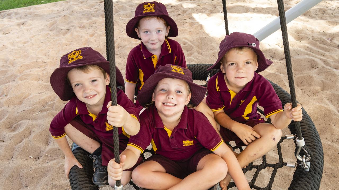 My First Year 2022: Jondaryan State School Prep students (from left) Quinton, Piper (back), Dusty and Kory, Friday, March 18, 2022. Picture: Kevin Farmer