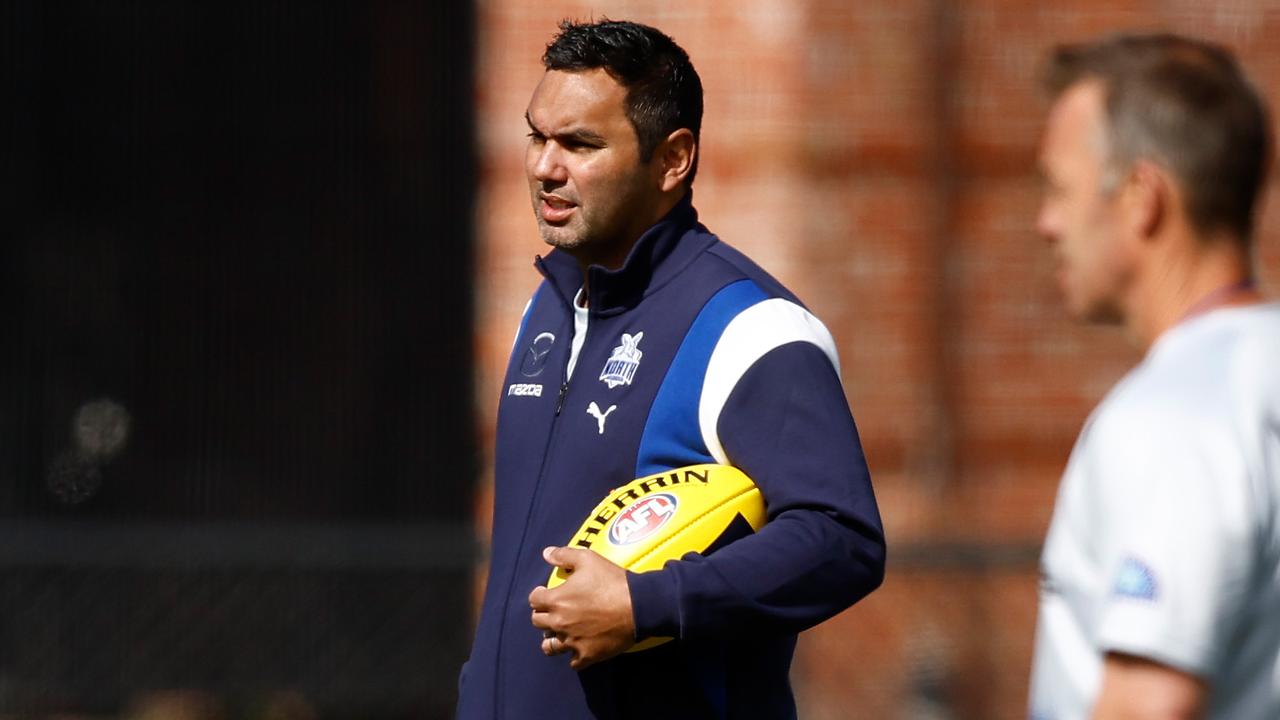 MELBOURNE, AUSTRALIA - NOVEMBER 13: Xavier Clarke, Assistant Coach of the Kangaroos in action during the North Melbourne Kangaroos training session at Arden Street on November 13, 2023 in Melbourne, Australia. (Photo by Michael Willson/AFL Photos via Getty Images)