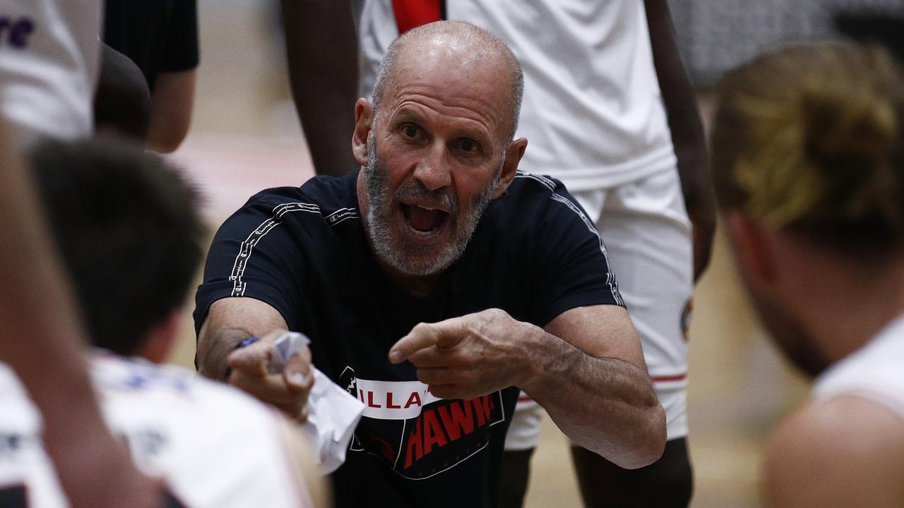 Brian Goorjian speaks to his players during a NBL Blitz match.