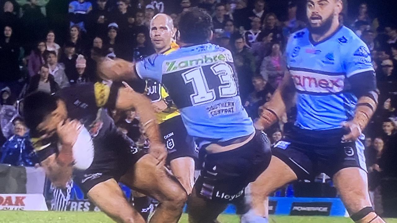 Cronulla’s Dale Finucane was suspended for two weeks for a high tackle on Stephen Crichton.