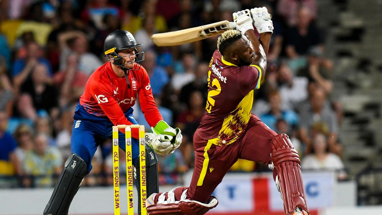 Powerhouse Andre Russell is playing for the West Indies against Australia (Photo by Randy Brooks / AFP)