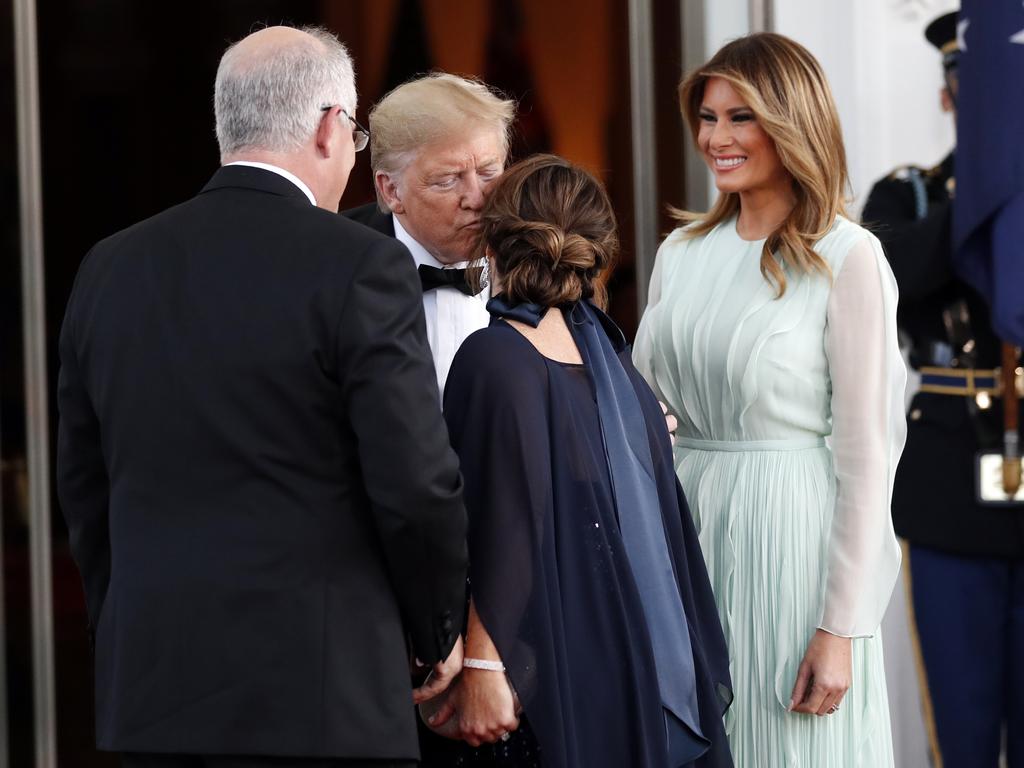 President Donald Trump and first lady Melania Trump welcome Australian Prime Minister Scott Morrison and his wife Jenny Morrison as they arrive for a State Dinner. Picture: Alex Brandon