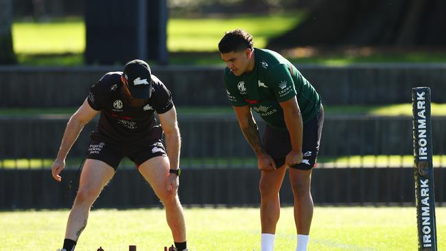 SYDNEY, AUSTRALIA – MAY 04: Latrell Mitchell of the Rabbitohs trains during a South Sydney Rabbitohs NRL training session at Redfern Oval on May 04, 2022 in Sydney, Australia. (Photo by Mark Metcalfe/Getty Images)