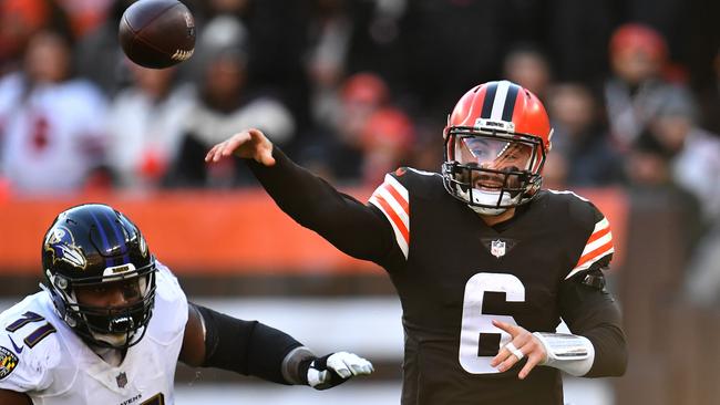 Baker Mayfield (R) entered the NFL’s Covid-19 protocols. Jason Miller/Getty Images/AFP