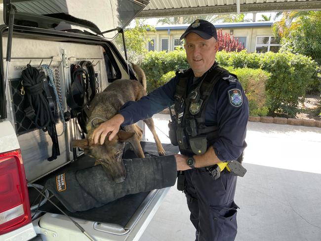 Police dog Drago, 6, and handler Senior Constable David Sloane. Picture: Leighton Smith.