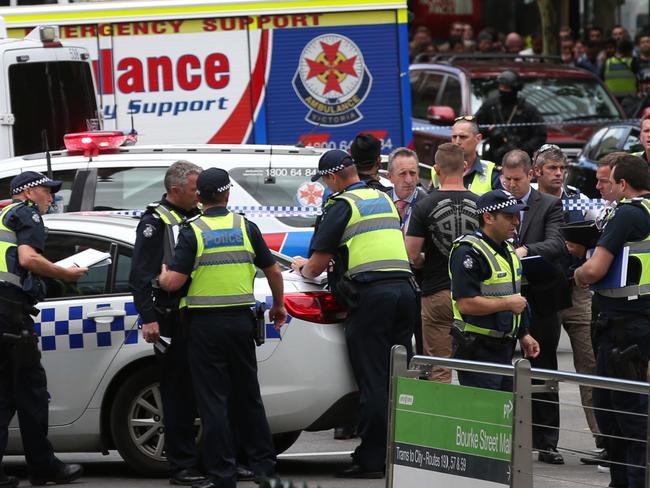 Police and emergency services in Bourke St Mall. Picture: David Crosling