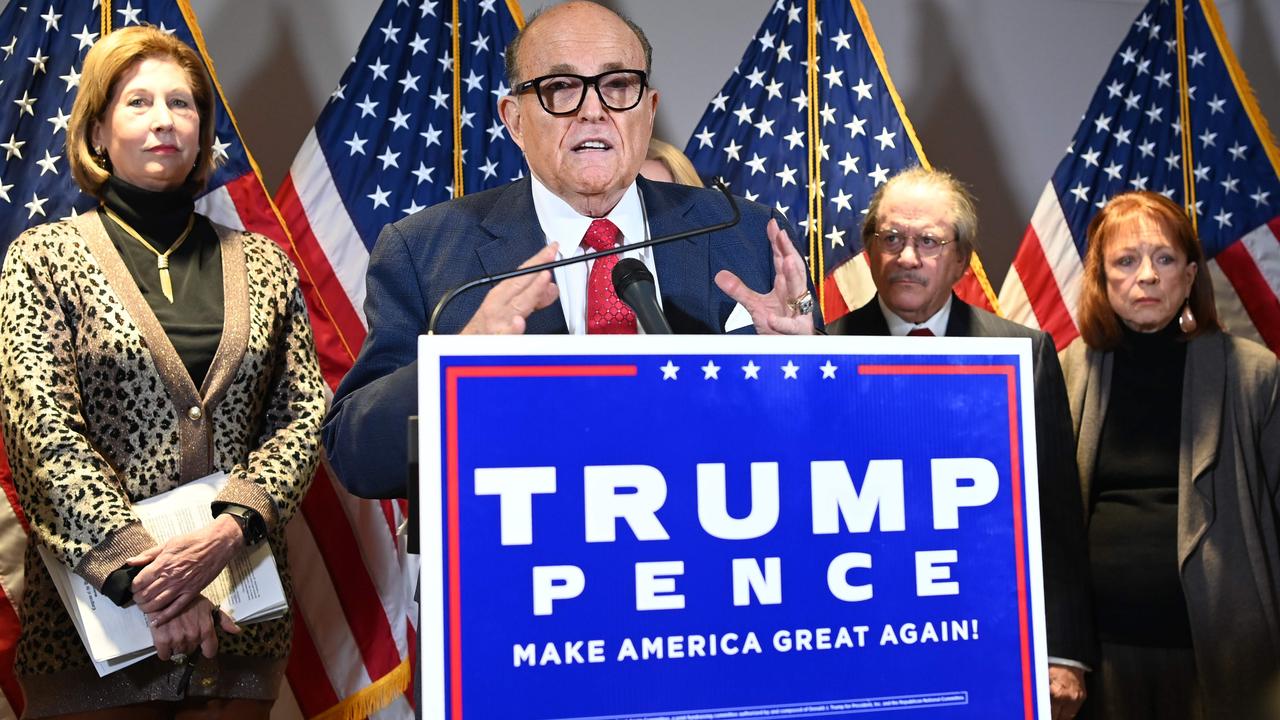 Rudy Giuliani, Sidney Powell (left) and some other members of Donald Trump’s legal team at the Republican National Committee’s headquarters yesterday. Picture: Mandel Ngan/AFP