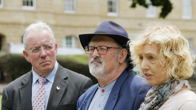 MLCs Kerry Finch, left, Rob Valentine and Ruth Forrest at a press conference on Parliament Lawns in Hobart. Picture: MATHEW FARRELL