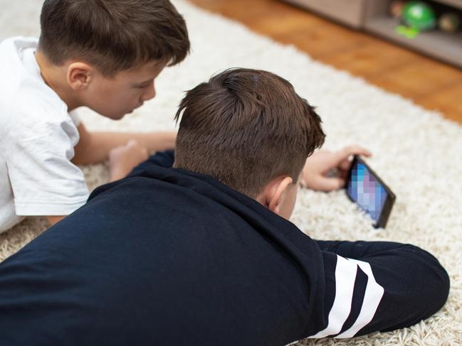 R44YH4 Little boys watching video by smartphone on carpet at home, rear view