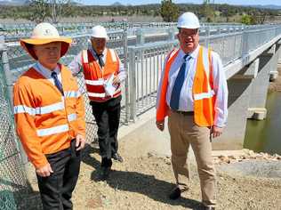 IT’S OPEN: Queensland Transport and Main Roads’ Steve Muller, Lockyer MP Ian Rickuss and Wright MP Scott Buchholz at the Lockyer Creek Bridge. Picture: Tom Threadingham