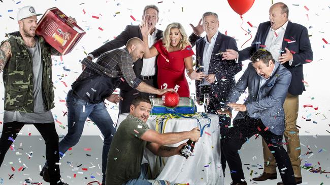 The Footy Show 2018: Dane Swan, Chris Judd, Sam Newman, Brendan Fevola, Rebecca Maddern, Eddie McGuire, Shane Crawford, Billy Brownless. Picture: Channel 9