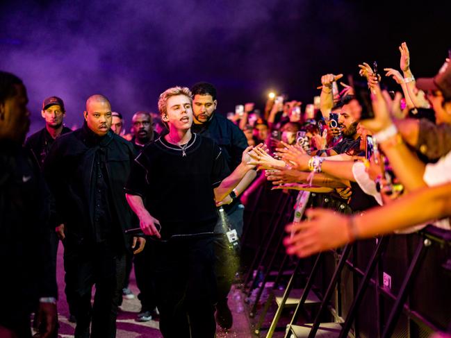 The Kid Laroi performs onstage at the Sahara tent during the 2023 Coachella Valley Music and Arts Festival.