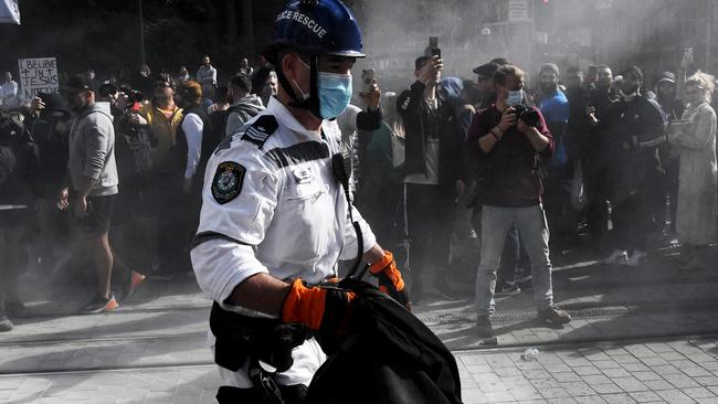 A massive police presence was located at Town Hall in the CBD to manage the crowds. Picture: Matrix