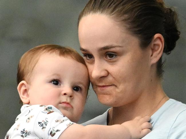 Former Australian World No 1 Ash Barty is seen with her baby Hayden during the Billie Jean King Cup at Pat Rafter Arena in Brisbane, Saturday, April 13, 2024. (AAP Image/Darren England) NO ARCHIVING, EDITORIAL USE ONLY