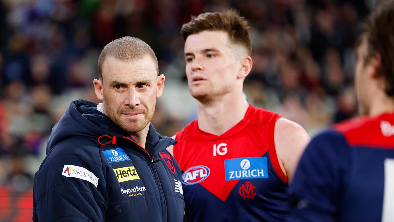 MELBOURNE, AUSTRALIA – AUGUST 23: Simon Goodwin, Senior Coach of the Demons looks on during the 2024 AFL Round 24 match between the Melbourne Demons and the Collingwood Magpies at The Melbourne Cricket Ground on August 23, 2024 in Melbourne, Australia. (Photo by Dylan Burns/AFL Photos via Getty Images)