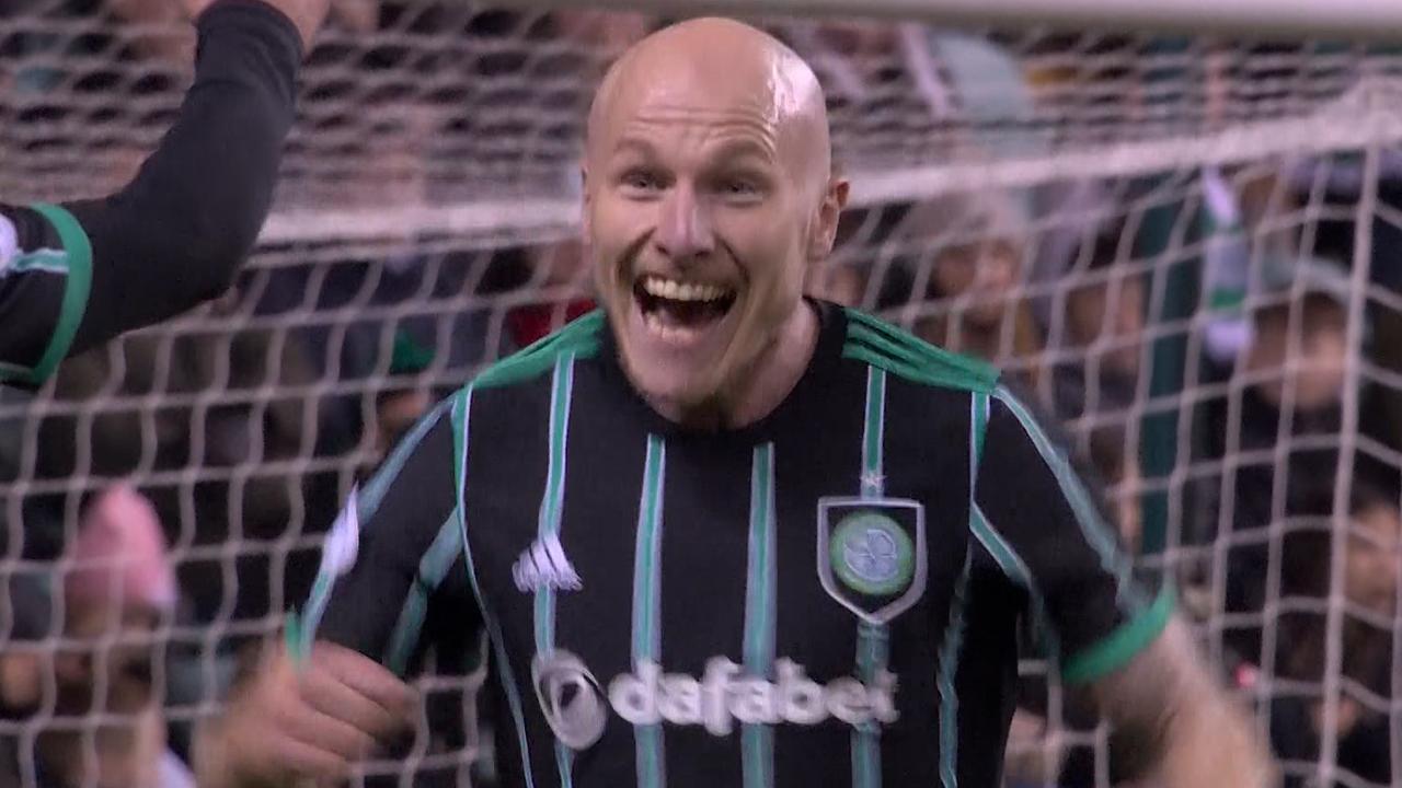 Aaron Mooy celebrates after scoring for Celtic against Hibernian. Picture: Supplied