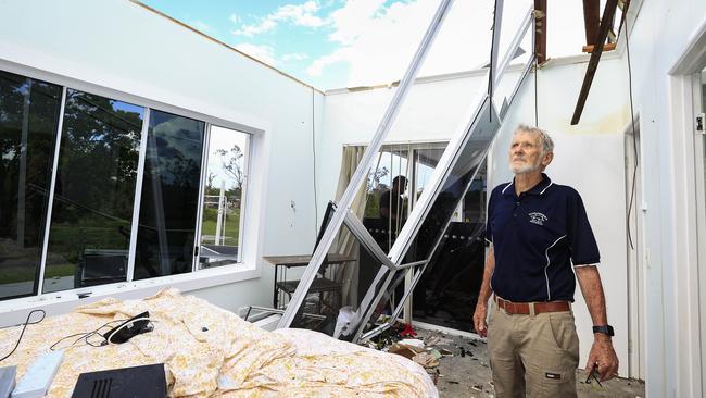 Bob Avery in his bedroom at his Helensvale home which was smashed by a ferocious storm on Christmas night. Picture: Adam Head