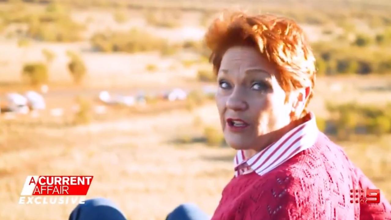 Pauline Hanson — a vocal critic of the Uluru climb ban — got stuck on the rock recently. Picture: Channel 9