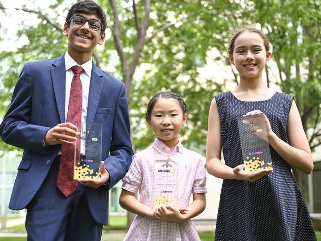The current champions are the 2024 winners Aditya Paul of NSW, Echo Feng of the ACT and Jillian Strong of QLD, pictured with their trophies at Parliament House in Canberra. Picture: NewsWire/Martin Ollman