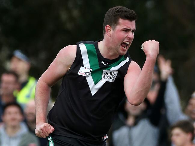 EFL  (Division 4) grand final: Donvale v Forest Hill at Walker Park, Nunawading,  Nick Murphy of Donvale celebrates his goal in the fourth quarter10th September.   Picture : George Salpigtidis