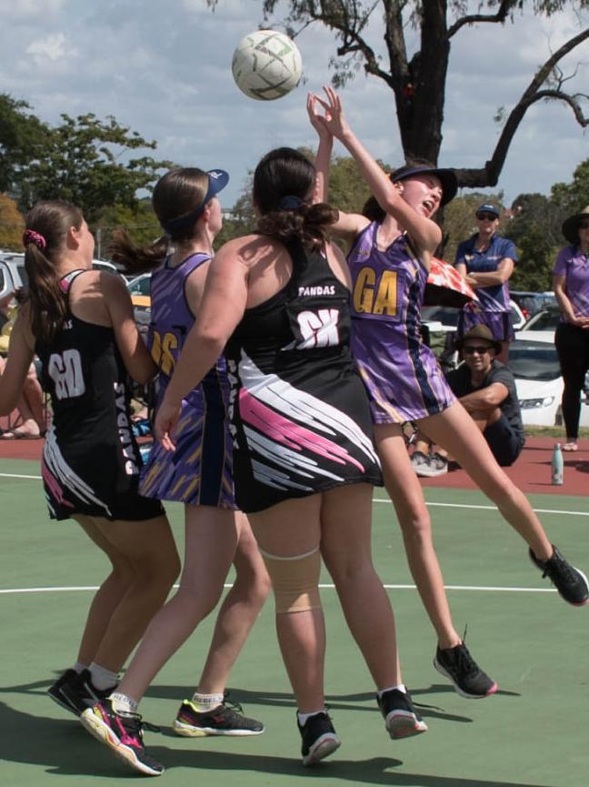 Players battle for the ball in the 14/15 years Division 2 grand final between Rebels 9 and Pandas 9. Picture: Gary Reid