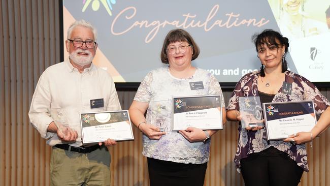 Casey's Senior of the Year- Peter Cahill (left), Citizen of the Year Jo Ann Fitzgerald (middle) and Woman of the Year Liesel Kippen (right) together at the celebratory gala dinner. Image supplied.