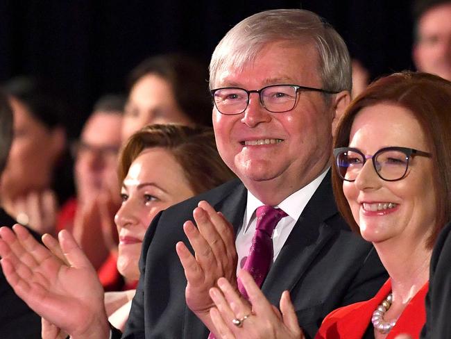 Former Prime Ministers Kevin Rudd and Julia Gillard. Picture: Bradley Kanaris/Getty Images