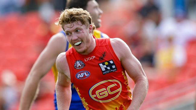 GOLD COAST, AUSTRALIA - APRIL 28: Matt Rowell of the Suns celebrates a goal during the 2024 AFL Round 07 match between the Gold Coast SUNS and the West Coast Eagles at People First Stadium on April 28, 2024 in Gold Coast, Australia. (Photo by Russell Freeman/AFL Photos via Getty Images)