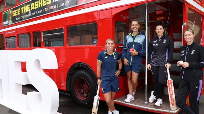 SYDNEY, AUSTRALIA - JANUARY 08: (L-R) Phoebe Litchfield and Ashleigh Gardner of Australia and Tammy Beaumont and Lauren Bell of England pose during the Women's Ashes Series Series Launch at Sydney Cricket Ground on January 08, 2025 in Sydney, Australia. (Photo by Jason McCawley/Getty Images for Cricket Australia)