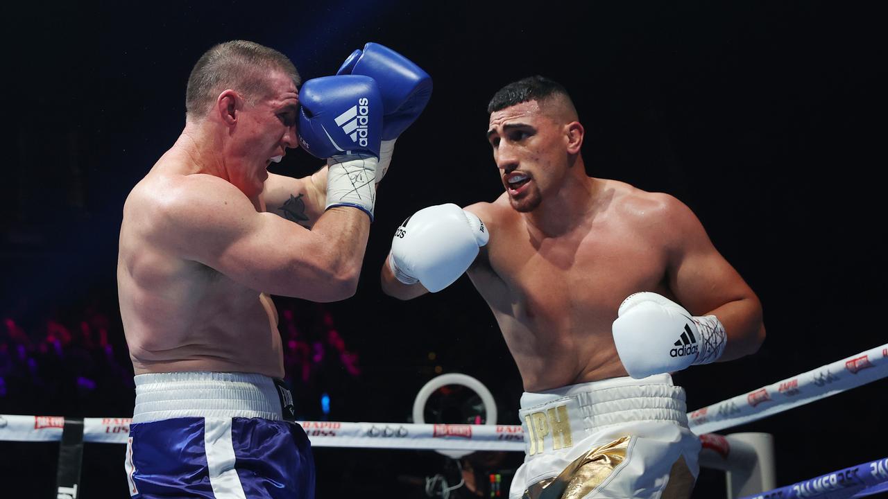 Huni (right) beat Paul Gallen last year. Picture: Richard Dobson