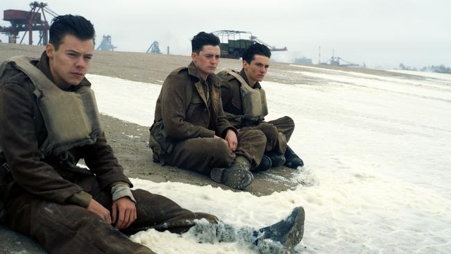 From left, Harry Styles, Aneurin Barnard and Fionn Whitehead in Dunkirk.