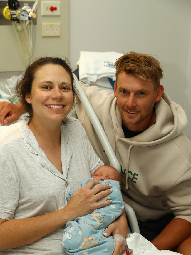Charlie Beau Oster with parents Lucy and Nathan Oster of Armstrong Creek. Born 20.3.25 weighing 4000g. Picture: Alison Wynd