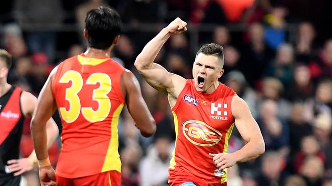 Ben Ainsworth celebrates kicking a goal against Essendon. Picture: Getty Images