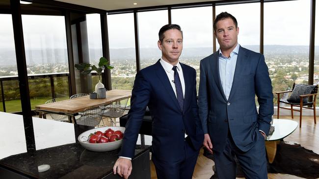 Starfish Development’s managing director Damon Nagel and Deague Group chief executive Will Deague pictured in June 2016 in a penthouse suite of the Vue on King William. Picture: Roy VanDerVegt