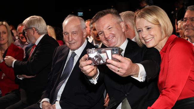 Former PM Paul Keating, federal shadow minister for Climate Change and Energy Chris Bowen and shadow Immigration minister Kristina Keneally take a photo at the Labor Party election campaign launch at Optus Stadium this month. Picture: AFP