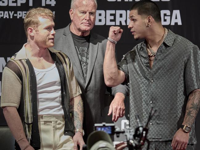 Canelo (L) and Berlanga go face-to-face in a fiery press conference. Picture: Premier Boxing Champions